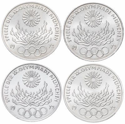 Купить Германия набор монет 10 марок 1972 "XX летние Олимпийские Игры, Мюнхен 1972 - Факел" (Двор:D, F, G, J)