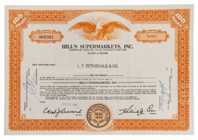 купить Акция США HILL'S SUPERMARKETS, INC., 1965 гг.