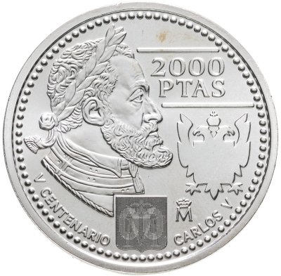купить Испания 2000 песет 2000 "500 лет со дня рождения Карла V"
