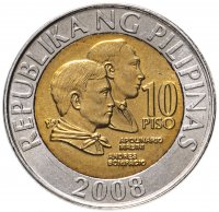 купить Филиппины 10 песо 2008 Аполинарио Мабини и Андрес Бонифасио