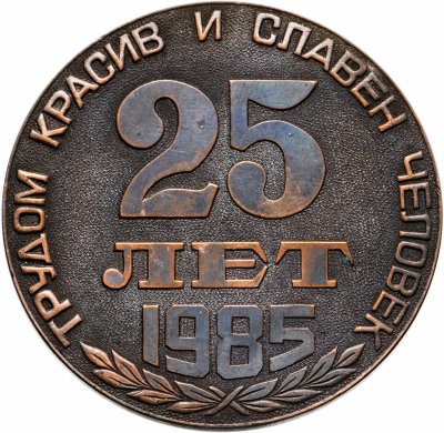 купить Медаль настольная "Трудом красив и славен человек. 25 лет заводу "Стройдеталь". 1985 г." в футляре, желтый металл, СССР, 1985 г.
