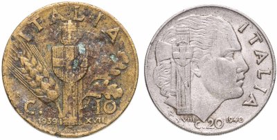 купить Италия набор монет 10 и 20 чентезимо 1939-1940