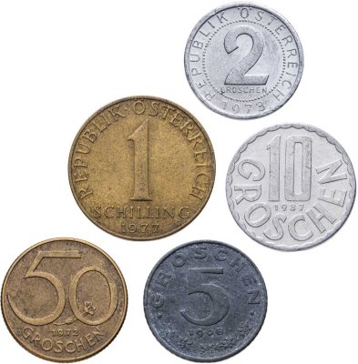 купить Австрия набор монет от 2 грошей до 1 шиллинга 1959-2001 (5 шт)
