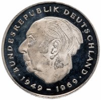 Купить Германия 2 марки 1980 "D" "Теодор Хойс, 20 лет Федеративной Республике (1949-1969)"