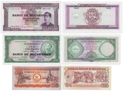 купить Мозамбик набор из 3 банкнот 50 метикал, 100, 500 эскудо 1961-1980