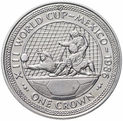 купить Остров Мэн 1 крона 1986 "Чемпионат мира по футболу 1986, Мексика /гол, 3 игрока, сетка/"