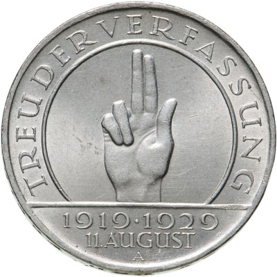 купить Германия 3 рейхсмарки (reichsmark) 1929 A 10 лет Веймарской конституции знак монетного двора "A" — Берлин