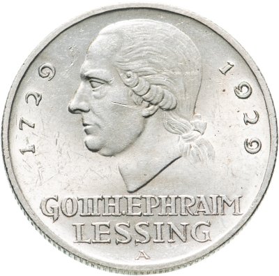купить Германия 3 рейхсмарки (reichsmark) 1929 "200 лет со дня рождения Готхольда Лессинга" знак монетного двора "A" — Берлин