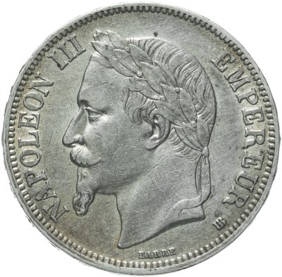 купить Франция 5 франков (francs) 1867 BB Серебро /серый цвет/ знак монетного двора: "BB" - Страсбург