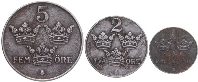 купить Швеция набор из 3-х монет: 1, 2 и 5 эре 1942-1950 (случайный год)