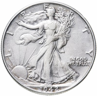 купить США 50 центов (1/2 доллара, half dollar) 1942 Walking Liberty Half Dollar Без отметки монетного двора