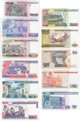 купить Перу набор (11 штук) 10, 50, 100, 500, 1000, 5000, 10000, 50000, 100000, 500000 и 1000000 инти 1987 -1990 годов (В официальном Буклете)