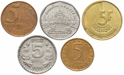 купить Набор из 5 монет разных стран мира, номиналы 5