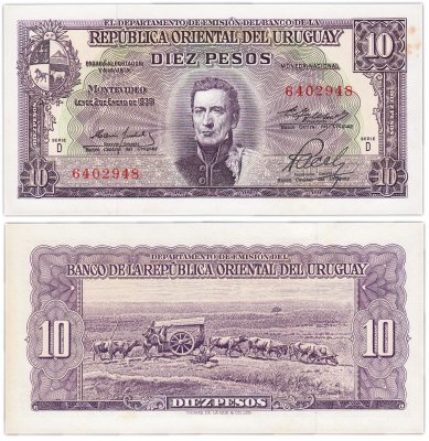 купить Уругвай 10 песо 1939 (Pick 37d) (Желтые пятна)