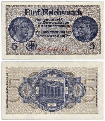 купить Германия 5 марок 1939-1945 (Pick R138a) Для оккупированных территорий