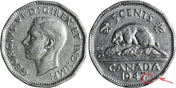 5 центов 1947 г. с кленовым листом