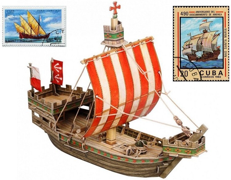 Почтовые марки и модель каравеллы из картона