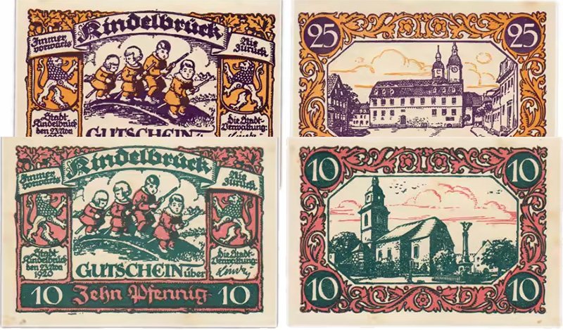Нотгельды 1920 г. (г. Киндельбрюк, Тюрингия). Расположенные на рыночной площади здание ратуши (25 пфеннигов) и Городская церковь Святого Ульриха с военным мемориалом (10 пфеннигов)