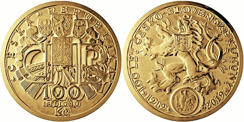 100 000 000 чешских крон 2019 года «100 лет чехословацкой национальной валюте»