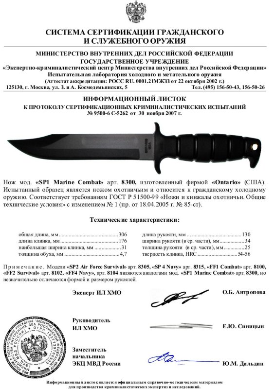 Нож нескладной Ontario «8300 SP1 Marine Combat» («8305 SP2 Air Force Survival», «8315 SP 4 Navy», «8100 FF1 Combat», «8102 FF2 Survival», «8104 FF4 Navy»)
