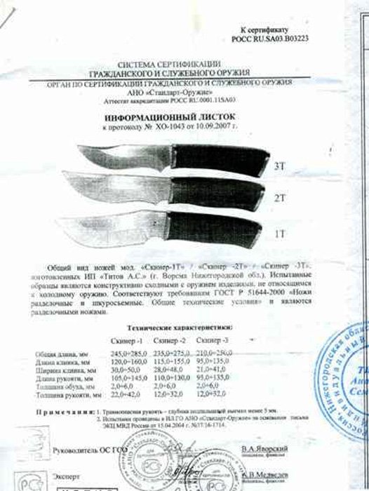 Ножи нескладные Анатолия Титова «Скинер-1Т», «Скинер-2Т» и «Скинер-3Т»