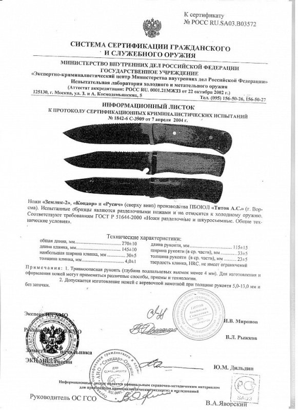 Ножи нескладные Анатолия Титова «Земляк-2», «Кондор» и «Русич»