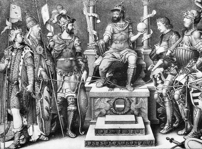 Карл V в окружении поверженных врагов. Гравюра XVI в.