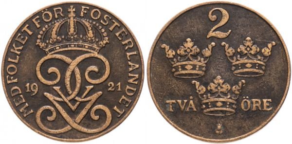 Монета из бронзы. 1 эре, Швеция, 1921 год