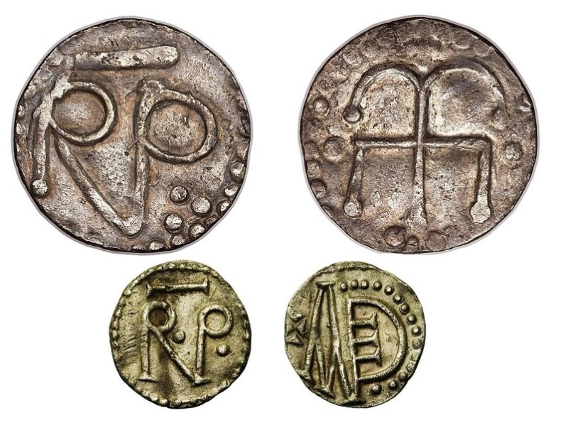 Монеты Пипина Короткого – денье VIII в. «R» означает «король» (REX), а «P» — «Пипин».