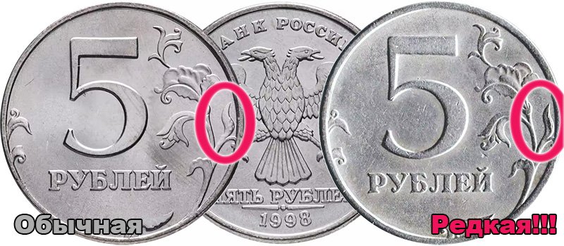 Отличия реверсов 5 рублей 1998 года