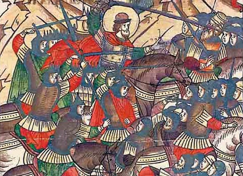 Фрагмент летописного рисунка Невской битвы, 1550 г.
