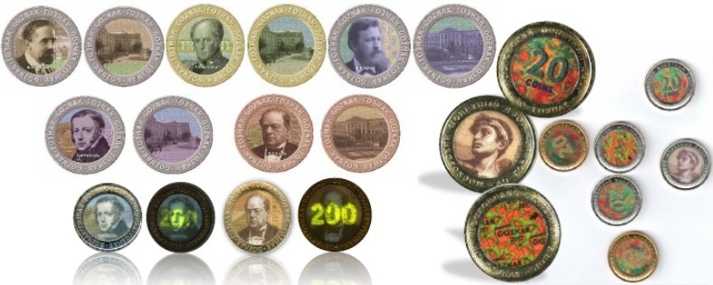 Примеры композитных жетонов (слева юбилейная продукция Гознака к своему 200-летию)