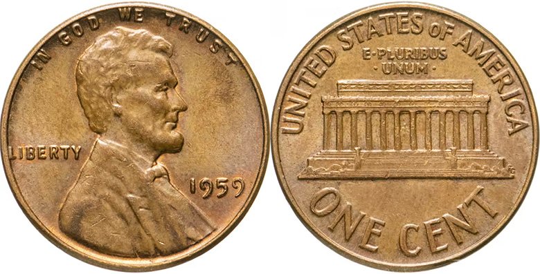 Филадельфийская монета 1959 года (первый Lincoln Memorial Cent)