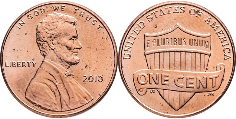 Филадельфийская монета 2010 года (первый Lincoln Shield Cent)
