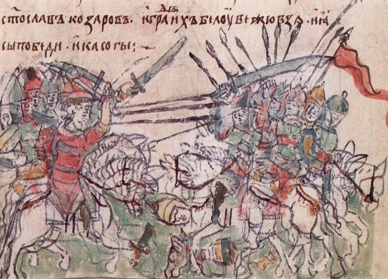 Сражение войск Святослава Игоревича с войсками хазарского князя Кагана. Миниатюра из летописи XV в.