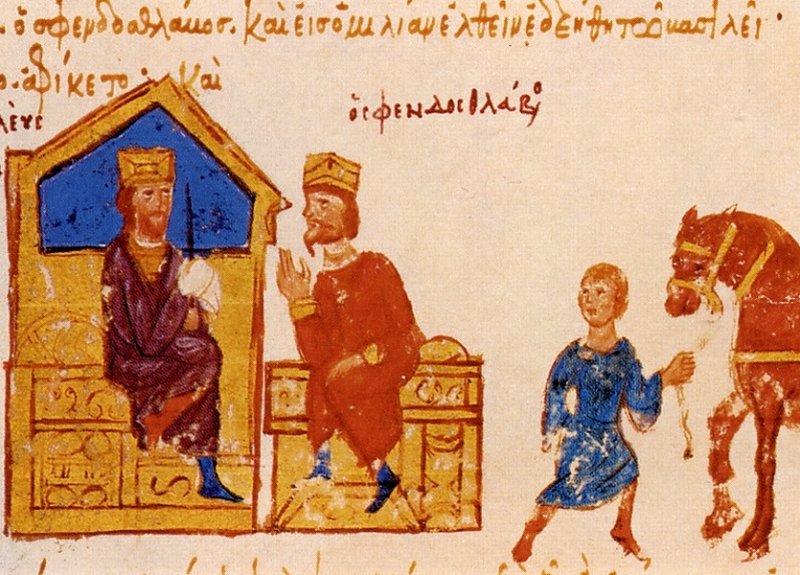 Князь Святослав перед императором Цимисхием. Рисунок из рукописи XII в.