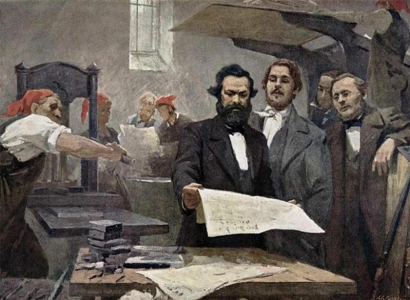 Маркс и Энгельс в типографии. Картина XX в.