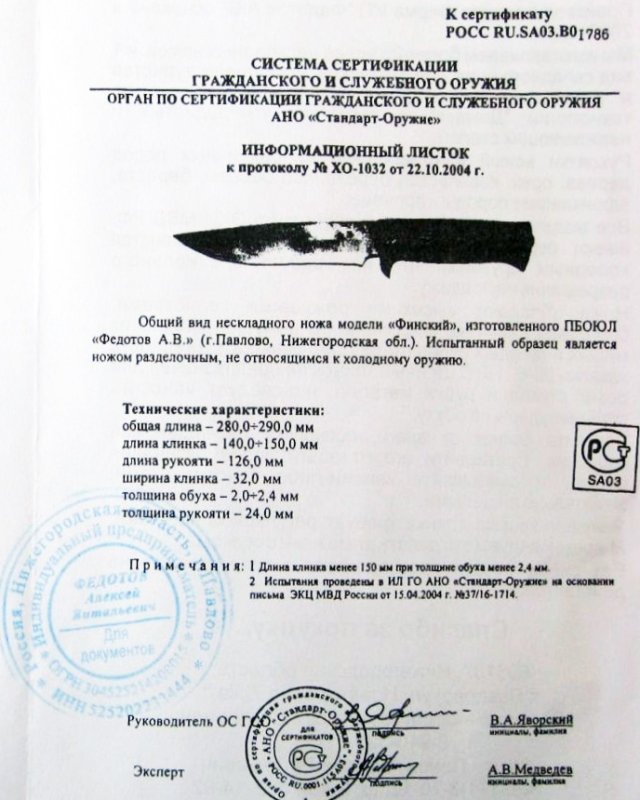 Нож нескладной Алексея Федотова «Финский» (ПБОЮЛ Федотов А.В.) с печатью