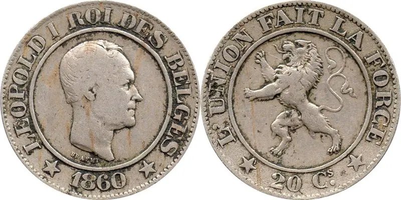20 сантимов Бельгии 1860 года из недрагоценного сплава