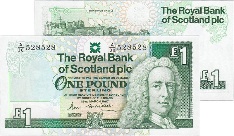 Пример банкноты 1 фунт стерлингов шотландской эмиссии