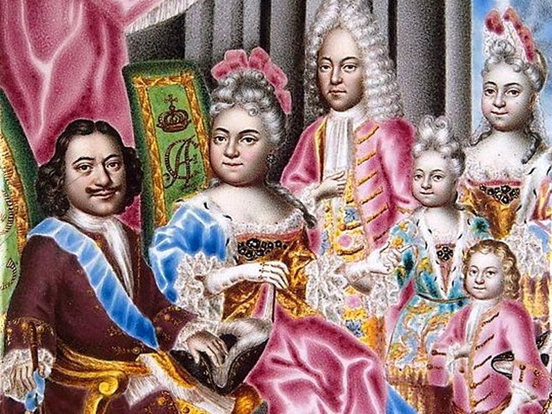 Петр I, Екатерина, царевич Алексей с женой и детьми. Миниатюра на эмали 1720 г.