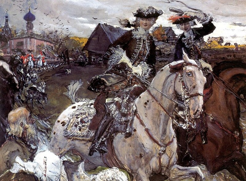 Выезд императора Петра II и цесаревны Елизаветы Петровны на охоту. Картина 1900 г.