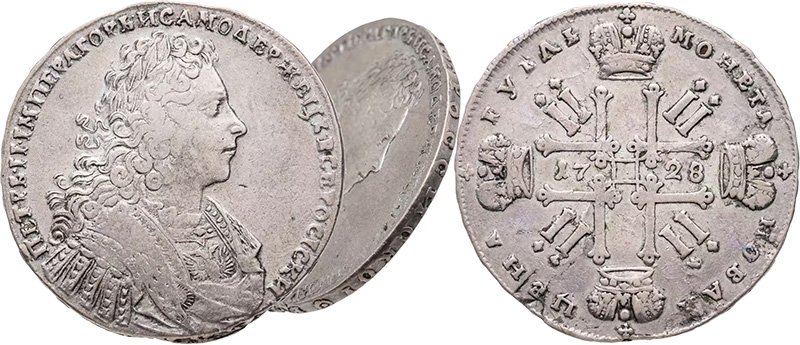 Профиль Петра II на серебряном рубле 1728 года
