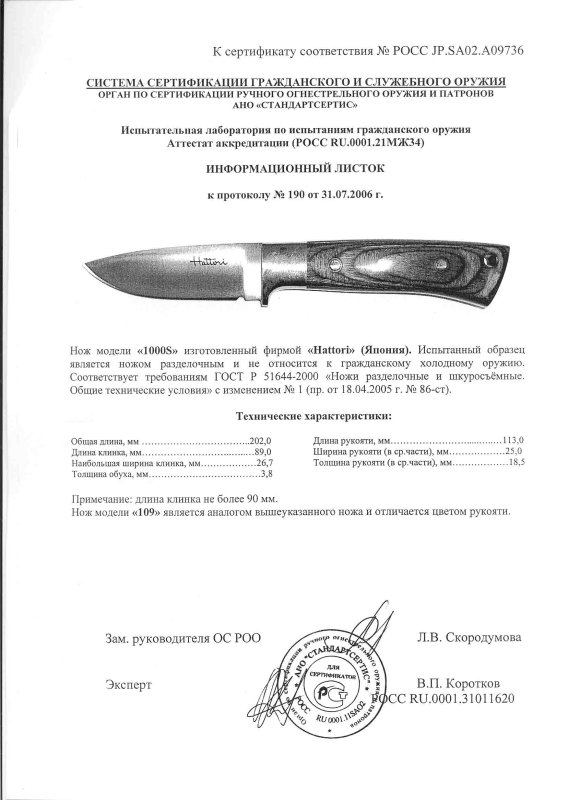 Нож нескладной Hattori «1000S»