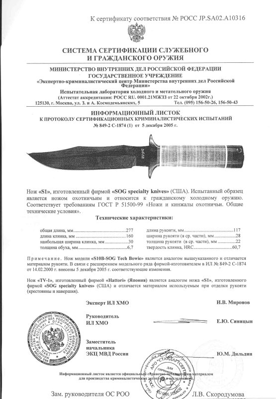 Нож нескладной Hattori «TV-1» (S1 торговой марки SOG)