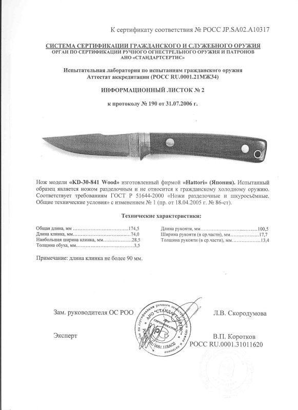 Нож нескладной Hattori «KD 30-841 Wood»