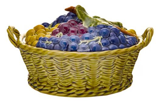 Фруктовница в форме плетеной корзины с крышкой, декорированной рельефными виноградными гроздьями