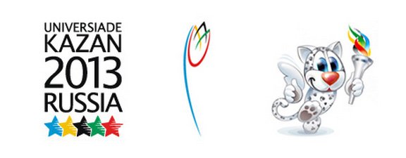 Логотип (слева), эмблема (в центре) и талисман (справа)