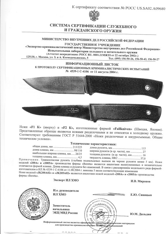 Ножи нескладные Beretta JK200A02, JK205A2, 200A, 2005A (F1K, F2K Fallkniven)