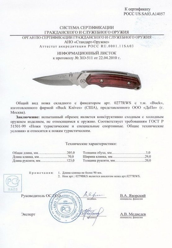 Нож складной с фиксатором Buck 0277RWS (0279BKS)